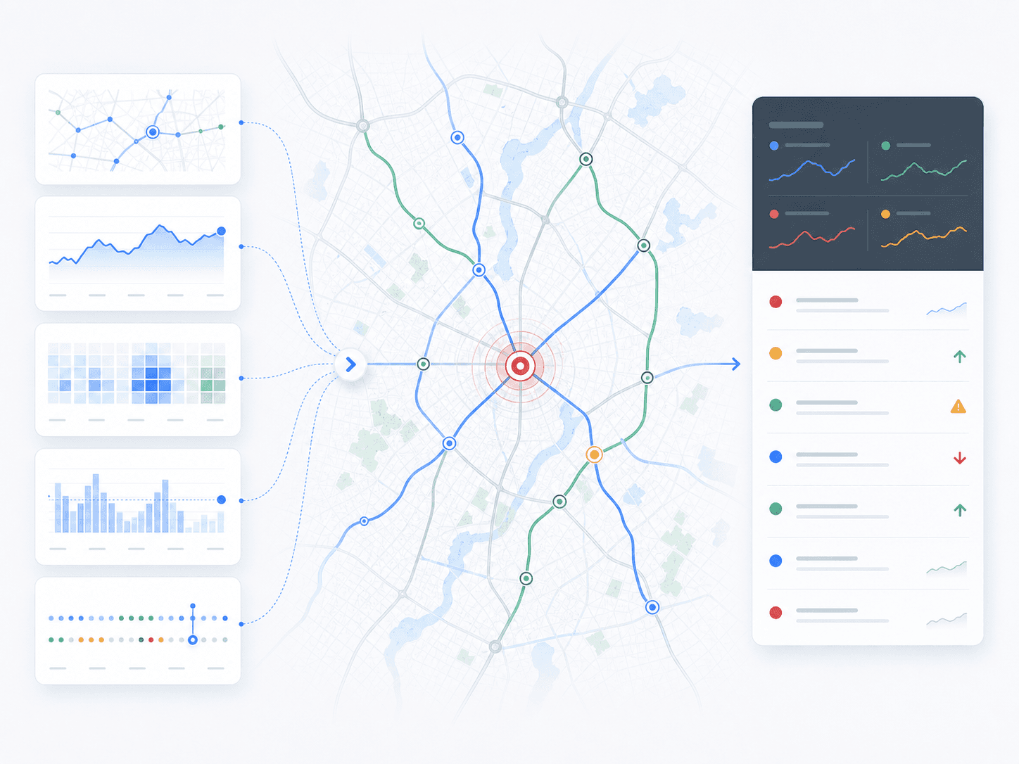 Operational clarity visual showing road movement data converging into corridor impact and priority action.